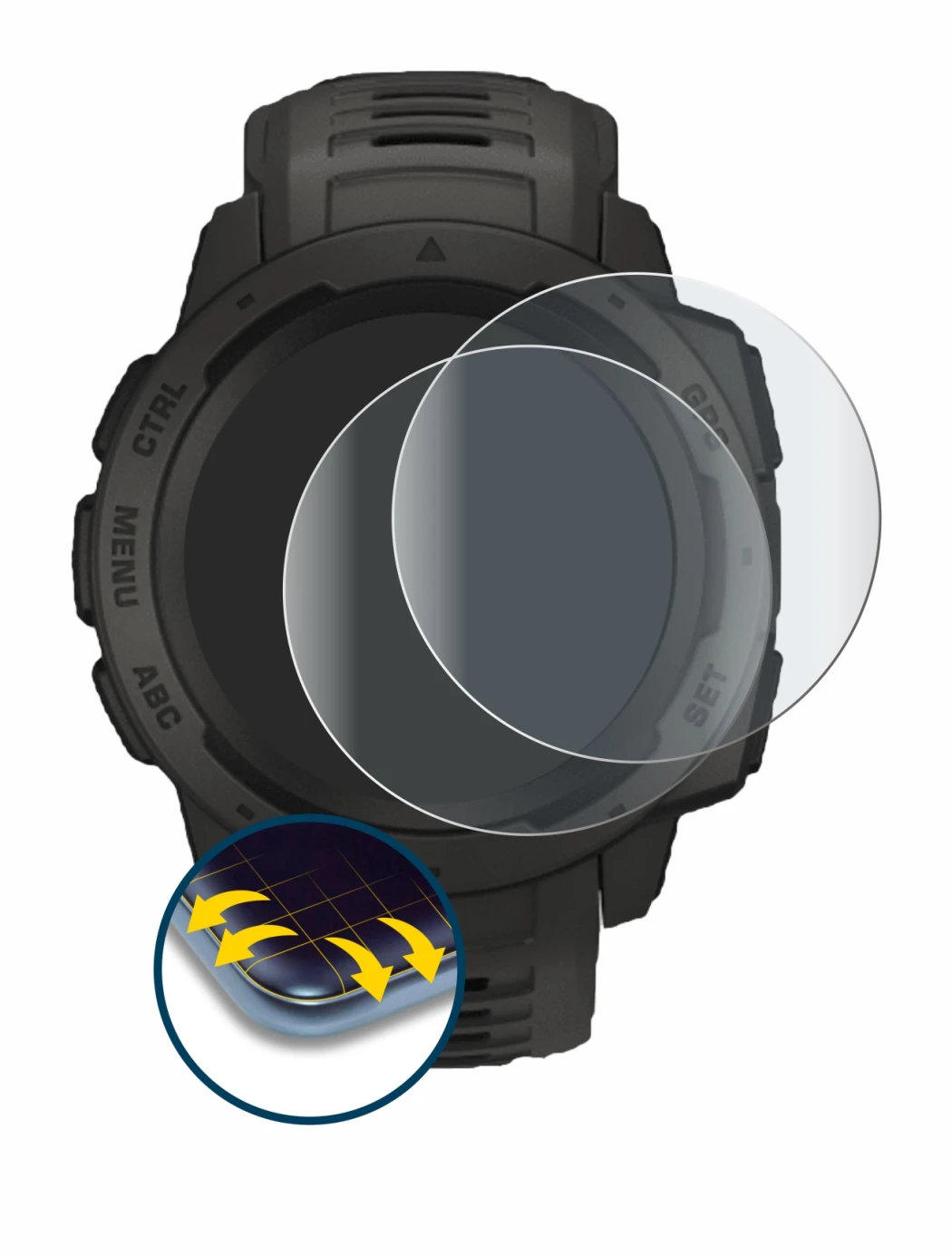 Image of the device Garmin Instinct with a wide variety of screen protectors.