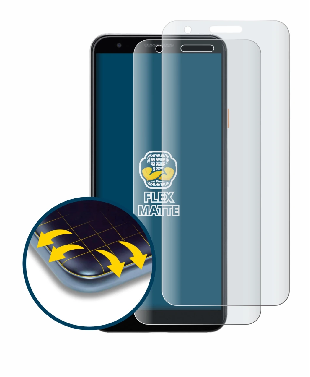 Image of the device Google Pixel 3a with a wide variety of screen protectors.