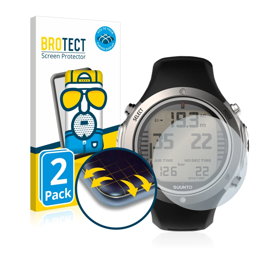 Front side of a product packaging with the brand logo BROTECT. Next to it is the device Suunto D6I Novo shown with the corresp