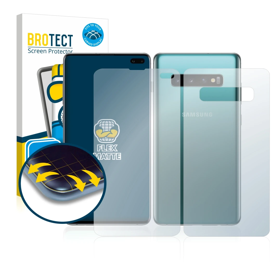 Front side of a product packaging with the brand logo BROTECT. Next to it is the device Samsung Galaxy S10 Plus (Front+Back) s