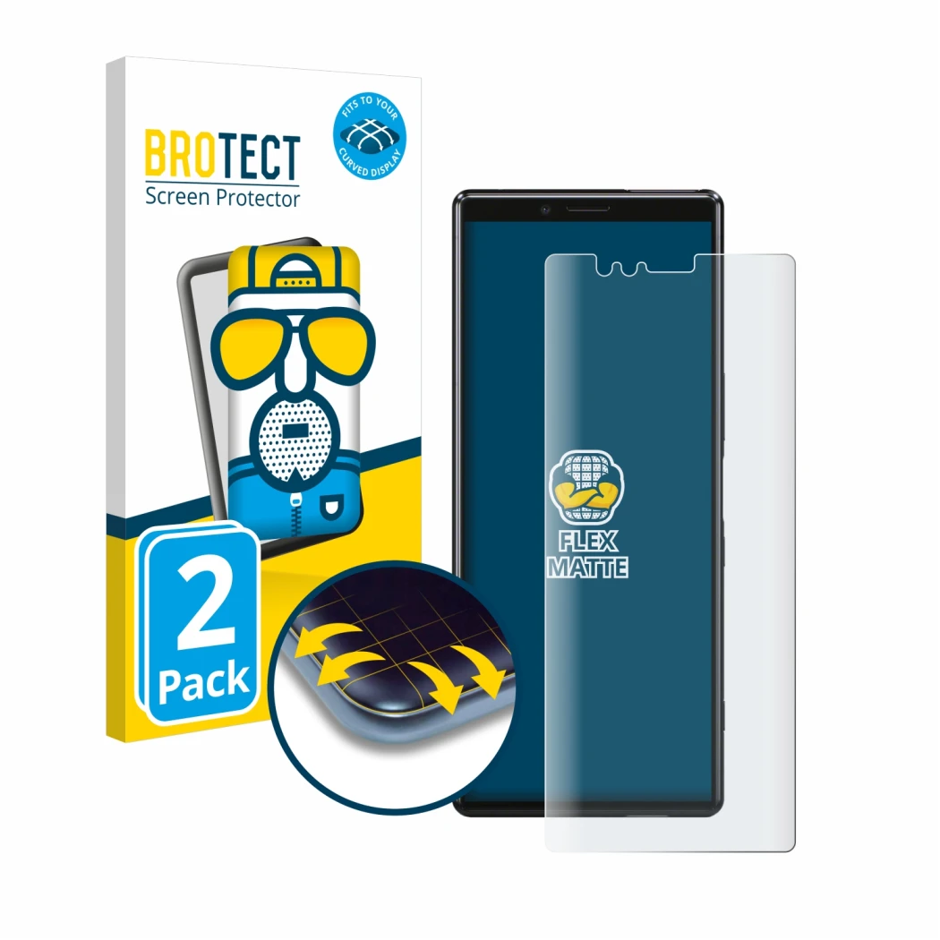 Front side of a product packaging with the brand logo BROTECT. Next to it is the device Sony Xperia 1 shown with the correspon