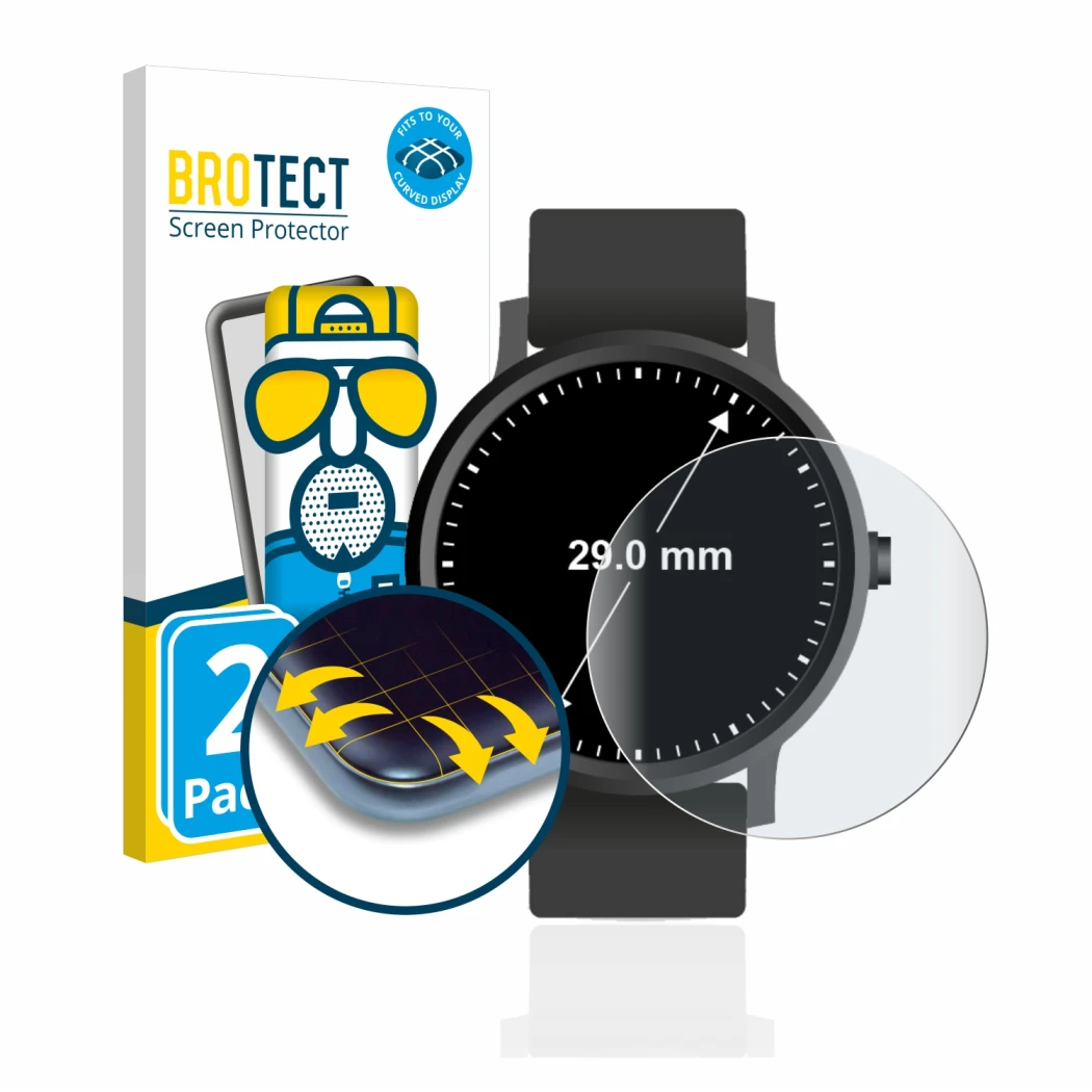 Front side of a product packaging with the brand logo BROTECT. Next to it is the device Circular Displays (ø: 29 mm) shown wit