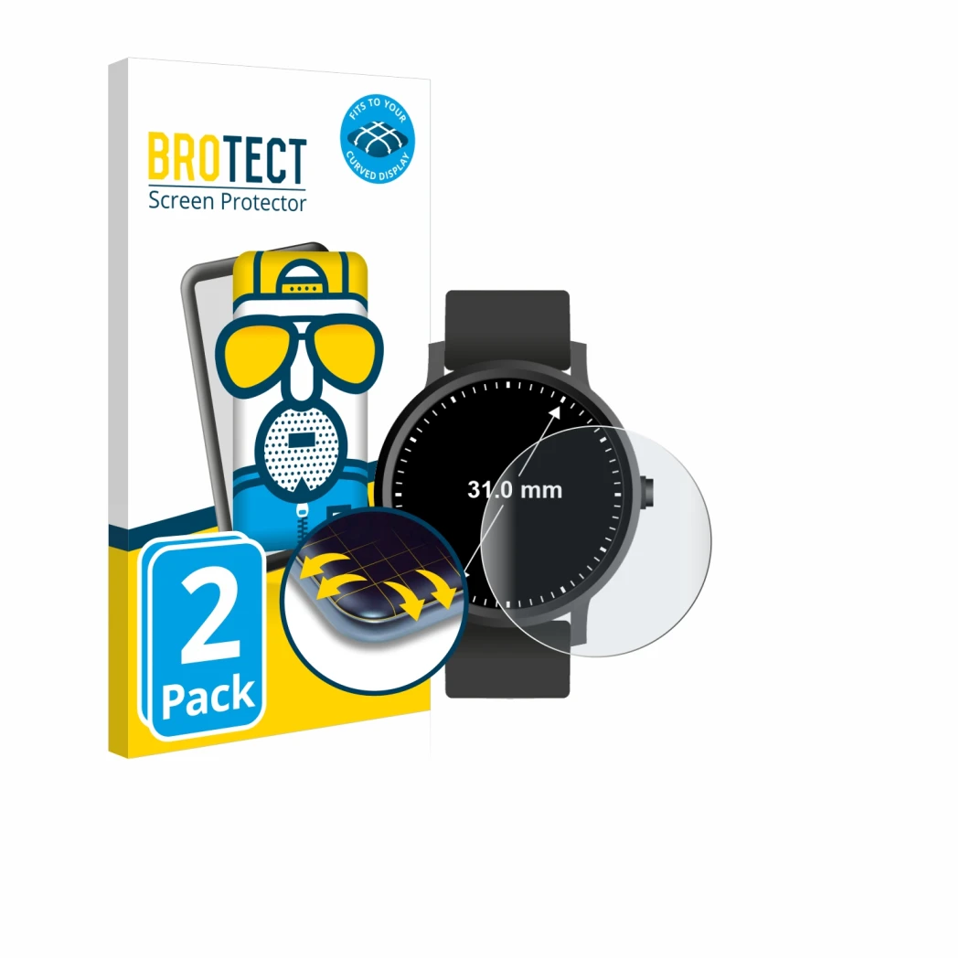 Front side of a product packaging with the brand logo BROTECT. Next to it is the device Circular Displays (ø: 31 mm) shown wit