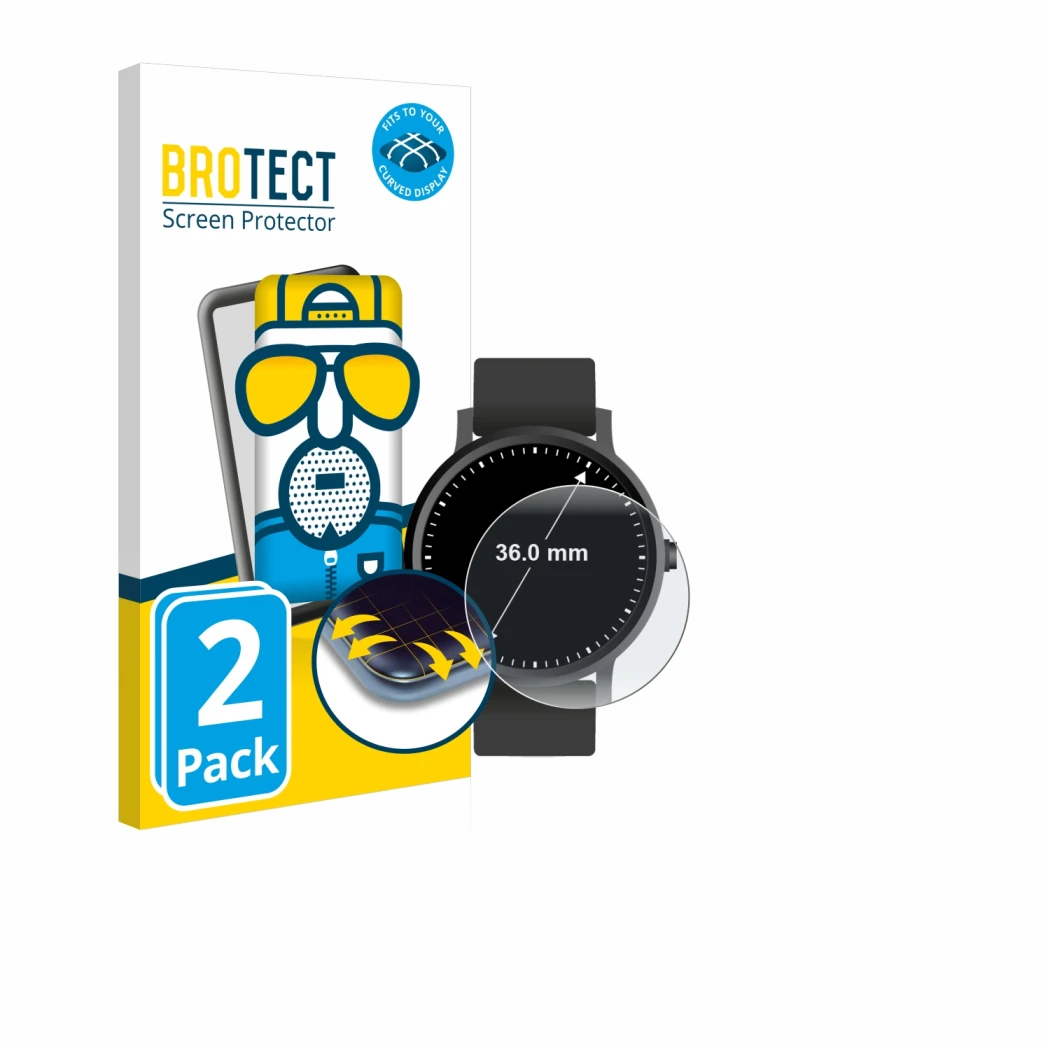 Front side of a product packaging with the brand logo BROTECT. Next to it is the device Circular Displays (ø: 36 mm) shown wit