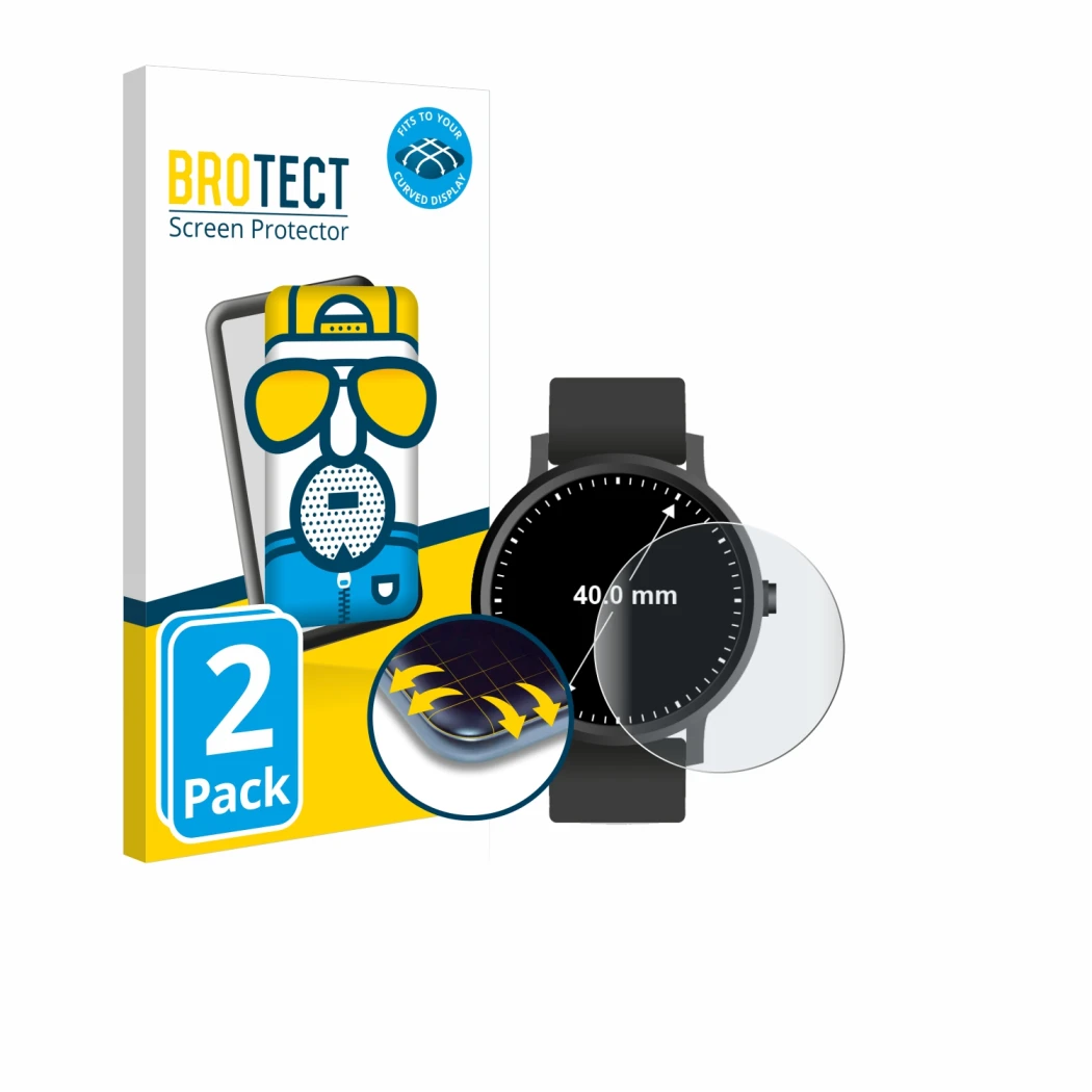 Front side of a product packaging with the brand logo BROTECT. Next to it is the device Circular Displays (ø: 40 mm) shown wit