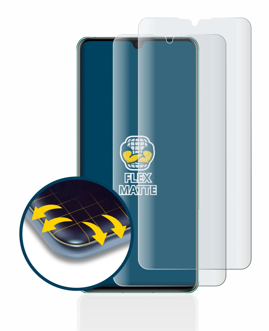 Image of the device Huawei P30 with a wide variety of screen protectors.