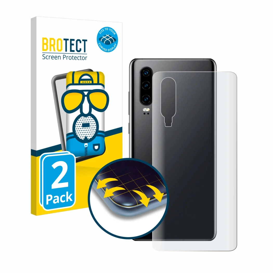 Front side of a product packaging with the brand logo BROTECT. Next to it is the device Huawei P30 (Back) shown with the corre
