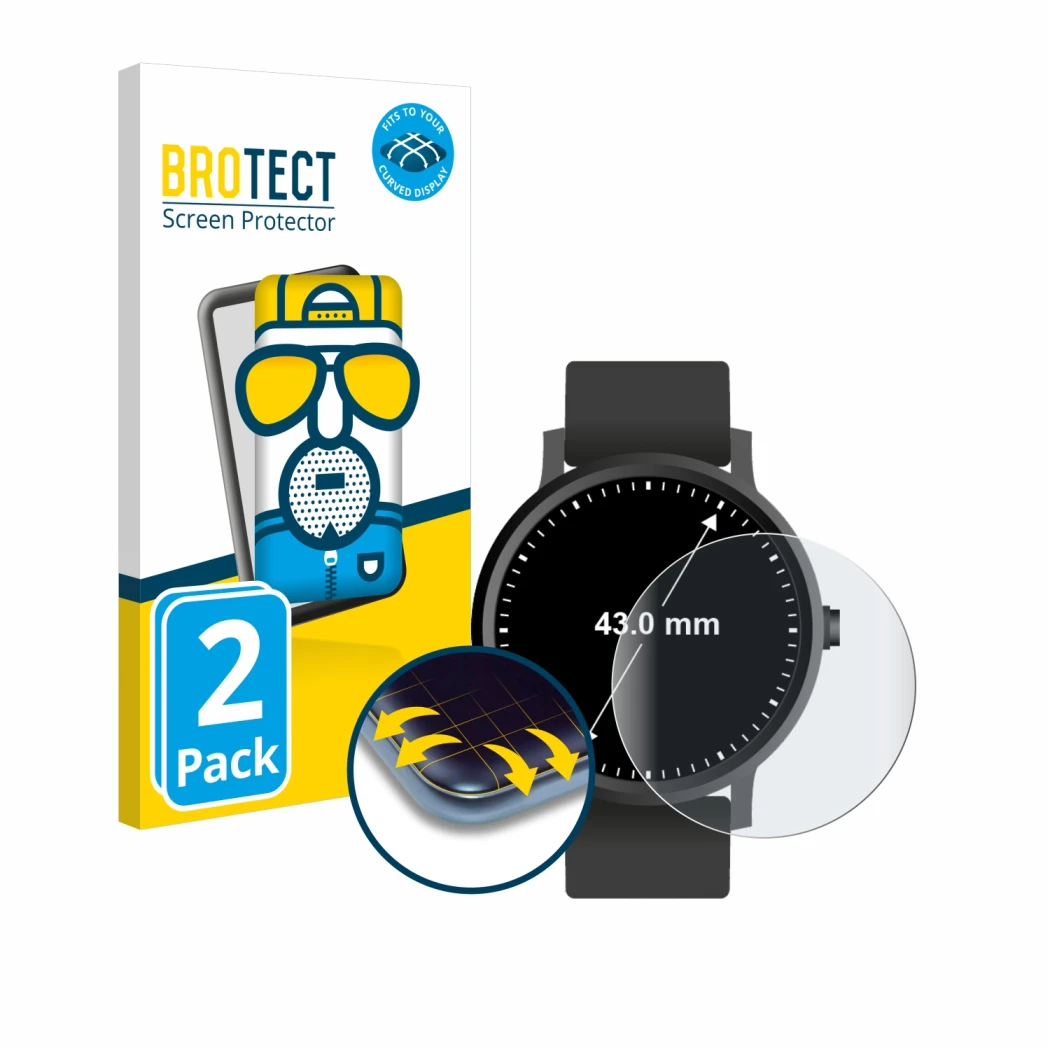 Front side of a product packaging with the brand logo BROTECT. Next to it is the device Circular Displays (ø: 43 mm) shown wit