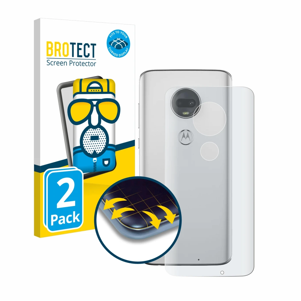Front side of a product packaging with the brand logo BROTECT. Next to it is the device Motorola Moto G7 Plus (Back) shown wit