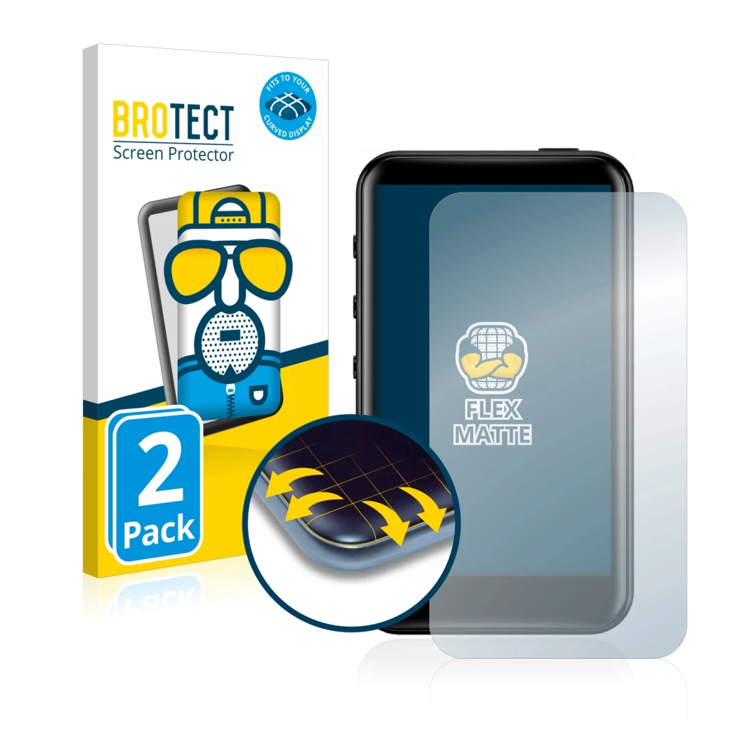 Front side of a product packaging with the brand logo BROTECT. Next to it is the device FiiO M6 shown with the corresponding s