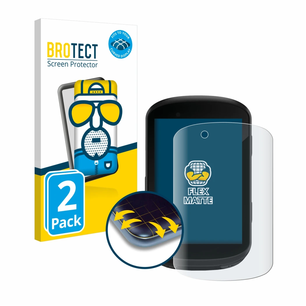 Front side of a product packaging with the brand logo BROTECT. Next to it is the device Garmin Edge 830 shown with the corresp