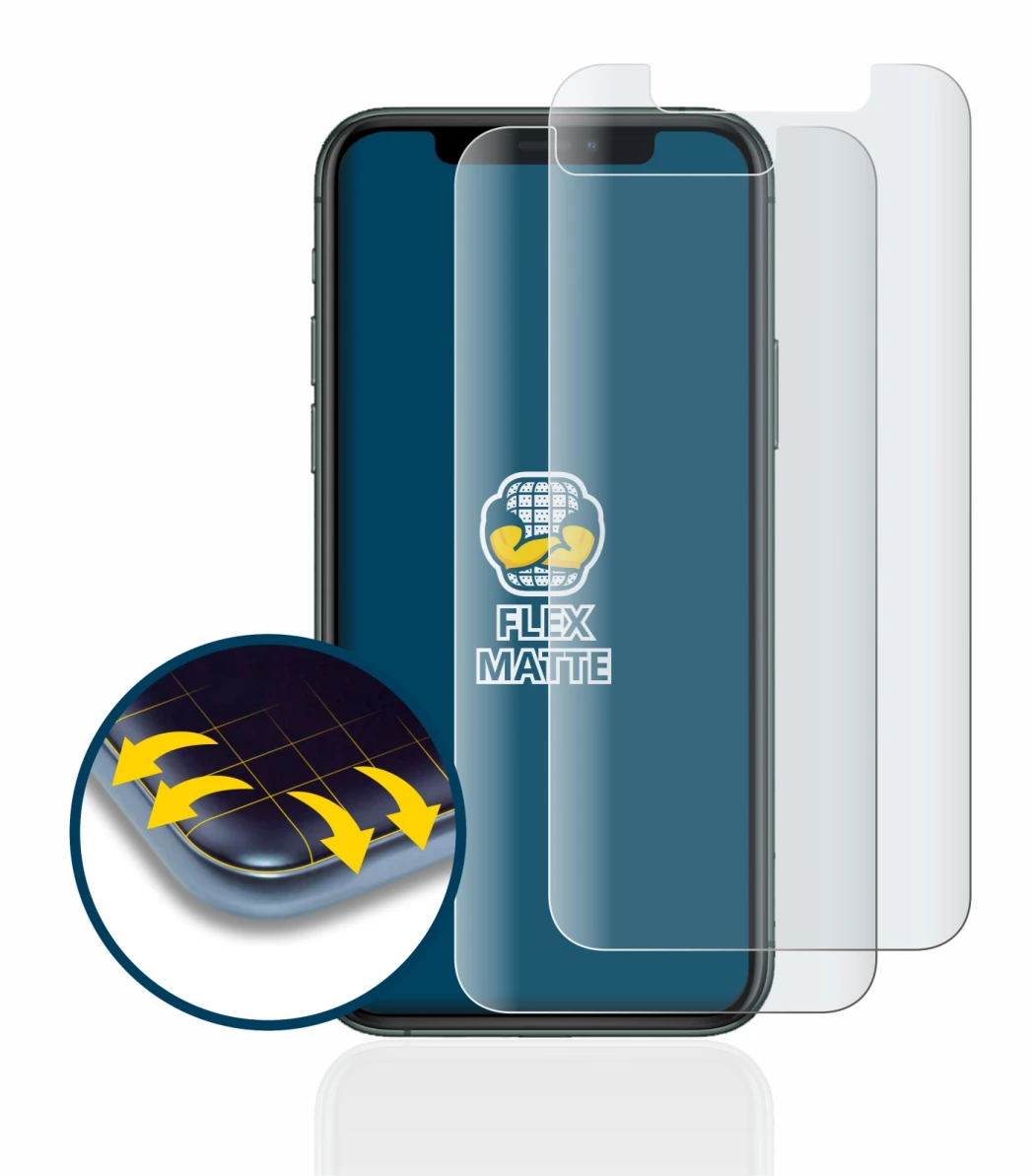 Image of the device Apple iPhone 11 Pro with a wide variety of screen protectors.