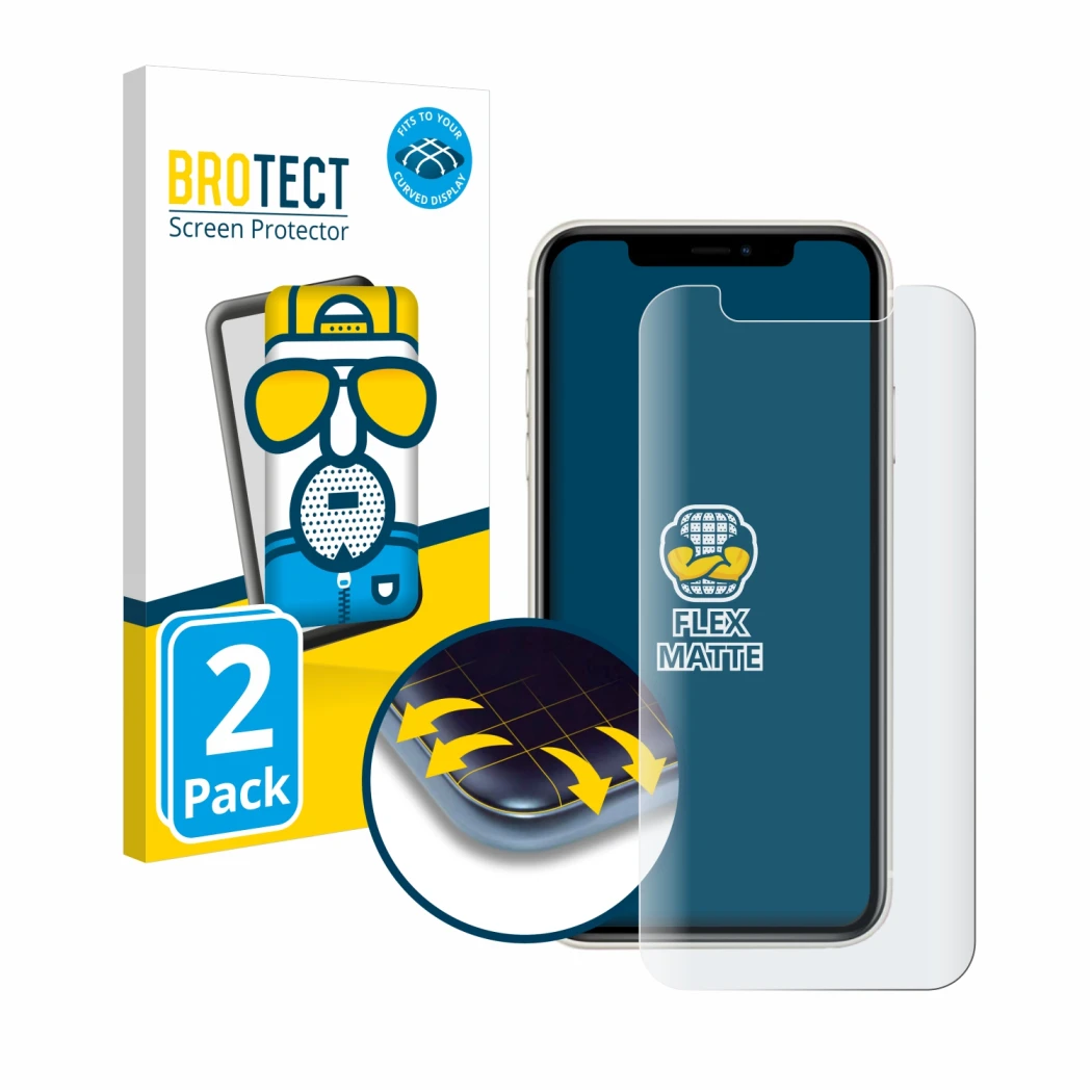 Front side of a product packaging with the brand logo BROTECT. Next to it is the device Apple iPhone 11 shown with the corresp