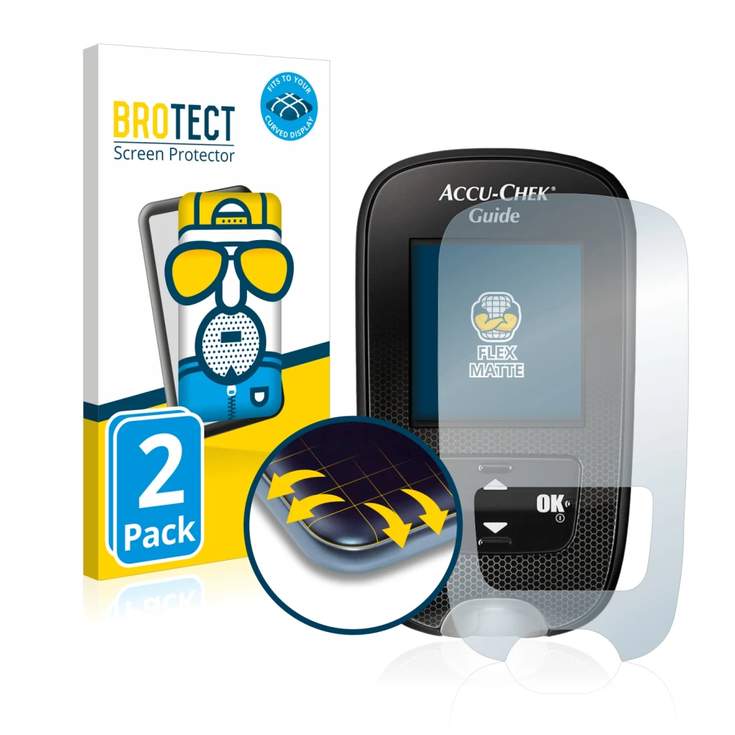 Front side of a product packaging with the brand logo BROTECT. Next to it is the device Accu-Chek Guide shown with the corresp