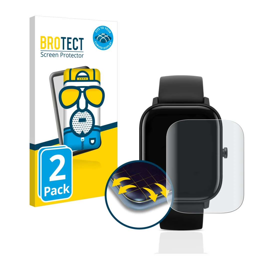 Front side of a product packaging with the brand logo BROTECT. Next to it is the device Huami Amazfit GTS shown with the corre