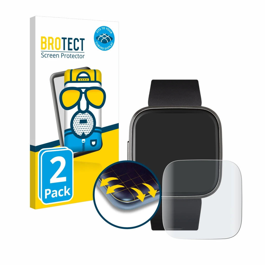 Front side of a product packaging with the brand logo BROTECT. Next to it is the device Fitbit Versa 2 shown with the correspo