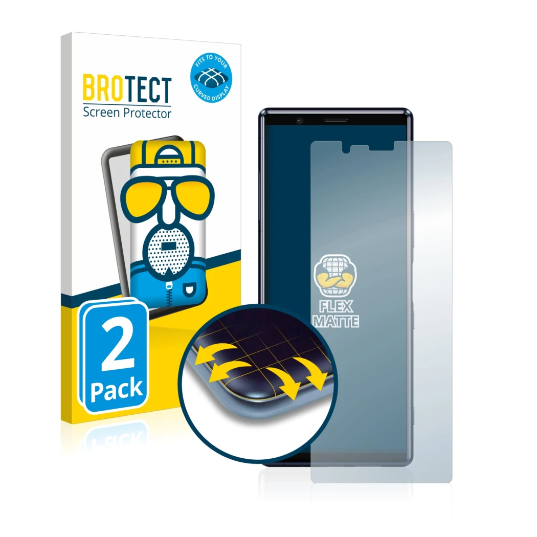 Front side of a product packaging with the brand logo BROTECT. Next to it is the device Sony Xperia 5 shown with the correspon