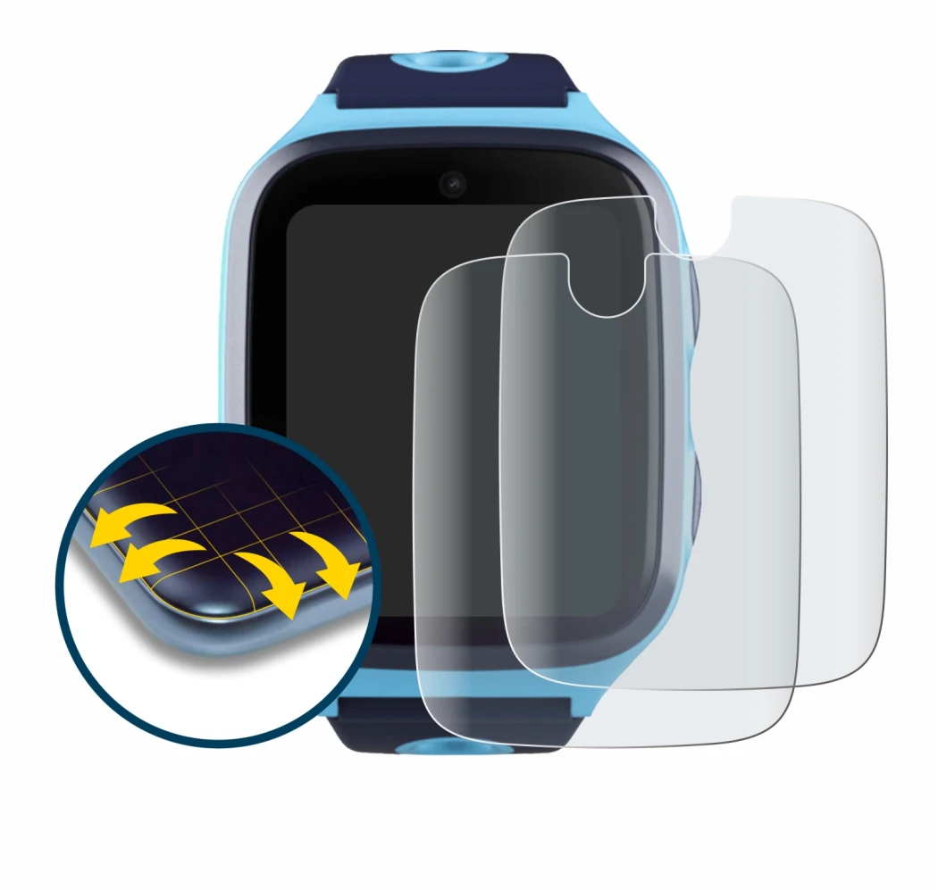 Image of the device Xplora X4 with a wide variety of screen protectors.