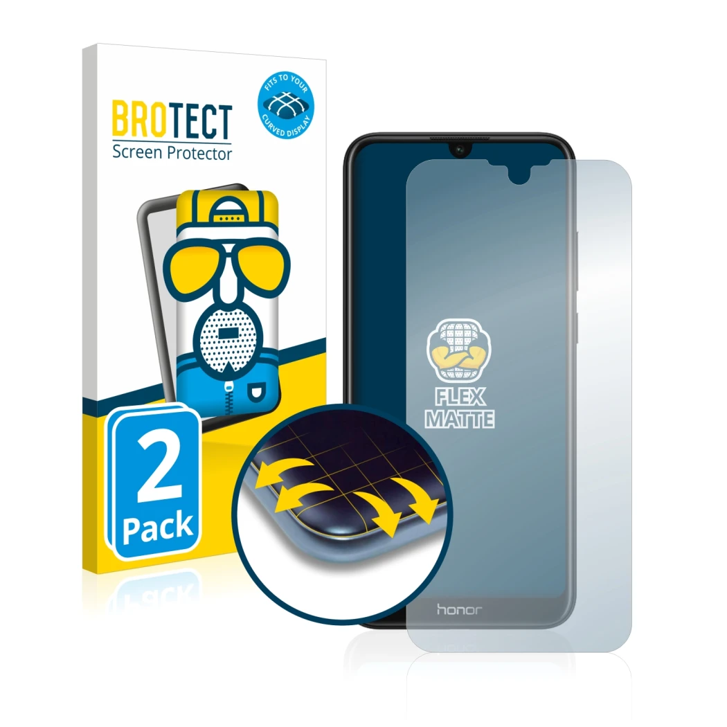 Front side of a product packaging with the brand logo BROTECT. Next to it is the device Honor 8A shown with the corresponding 