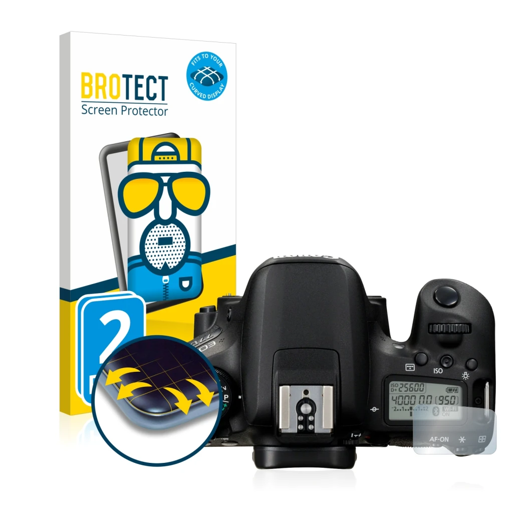 Front side of a product packaging with the brand logo BROTECT. Next to it is the device Canon EOS 77D (top plate display) show