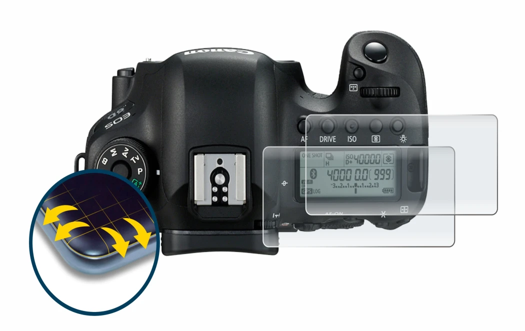 Image of the device Canon EOS 6D (top plate display) with a wide variety of screen protectors.