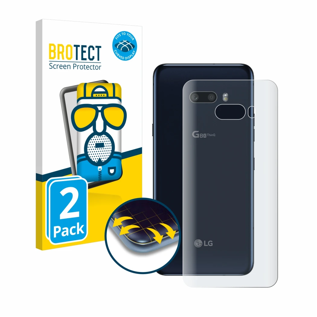 Front side of a product packaging with the brand logo BROTECT. Next to it is the device LG G8X ThinQ (Back) shown with the cor