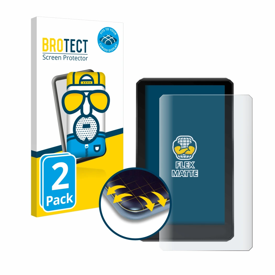 Front side of a product packaging with the brand logo BROTECT. Next to it is the device Garmin zumo XT shown with the correspo