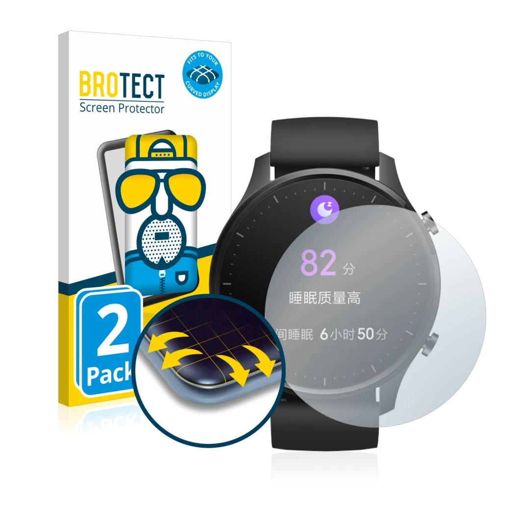 Front side of a product packaging with the brand logo BROTECT. Next to it is the device Xiaomi Mi Watch Revolve shown with the