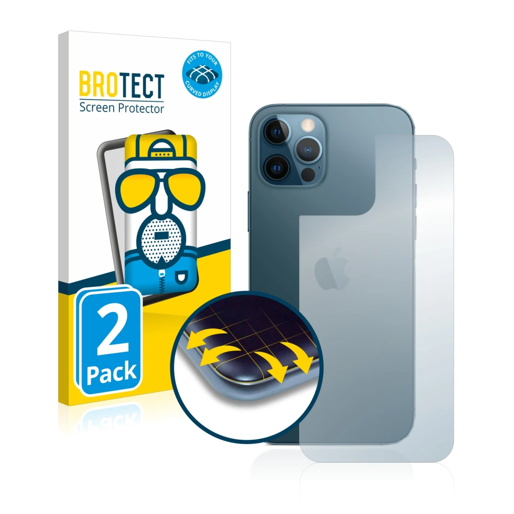 Front side of a product packaging with the brand logo BROTECT. Next to it is the device Apple iPhone 12 Pro (Back) shown with