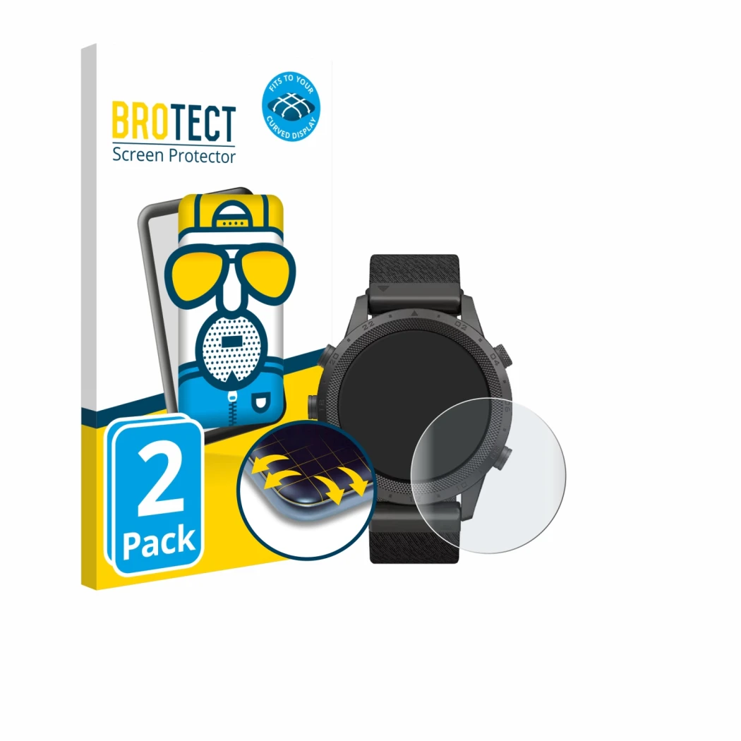 Front side of a product packaging with the brand logo BROTECT. Next to it is the device Garmin Marq Expedition shown with the 