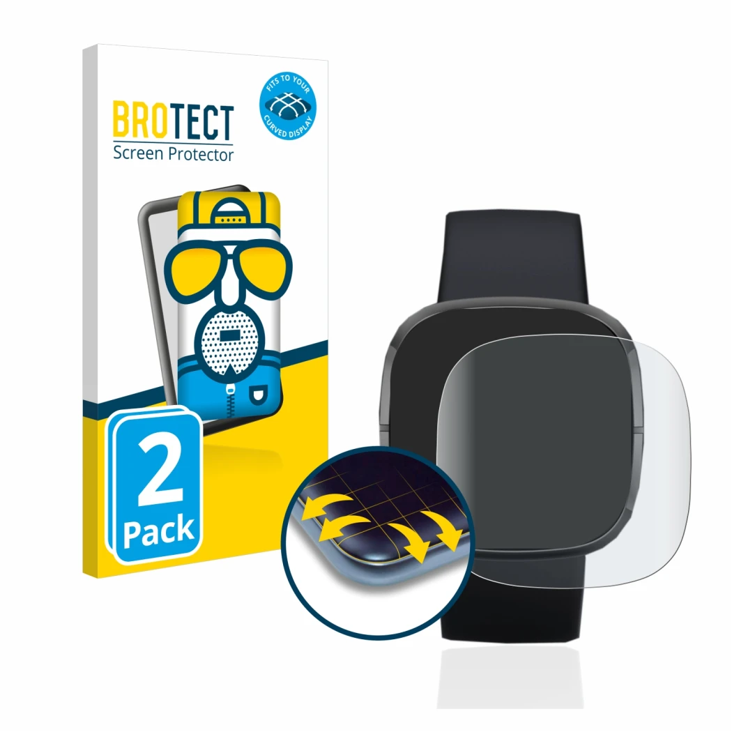 Front side of a product packaging with the brand logo BROTECT. Next to it is the device Fitbit Sense shown with the correspond