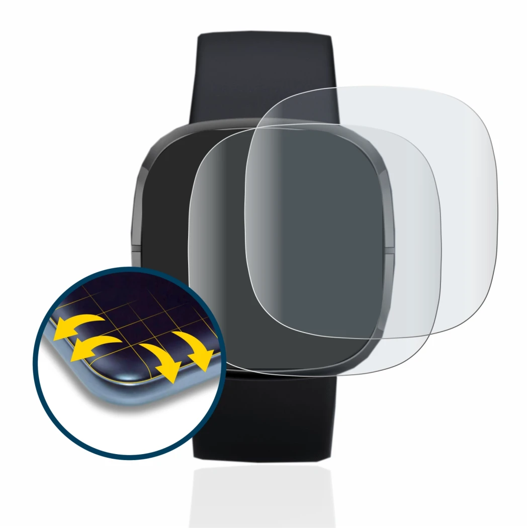 Image of the device Fitbit Sense with a wide variety of screen protectors.