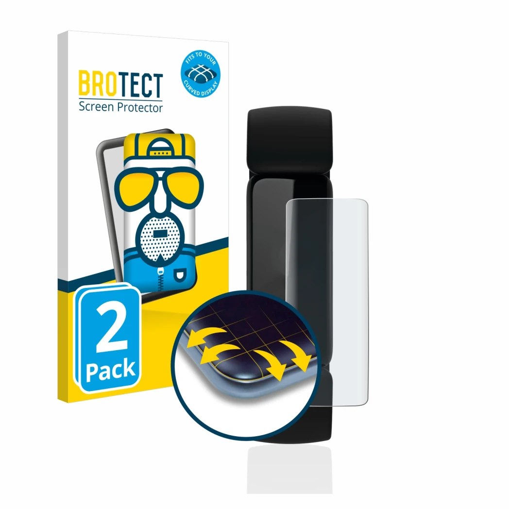 Front side of a product packaging with the brand logo BROTECT. Next to it is the device Fitbit Inspire 2 shown with the corres