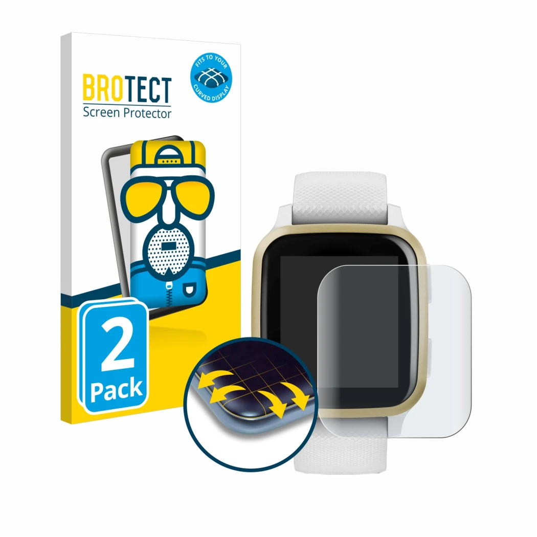 Front side of a product packaging with the brand logo BROTECT. Next to it is the device Garmin Venu Sq shown with the correspo