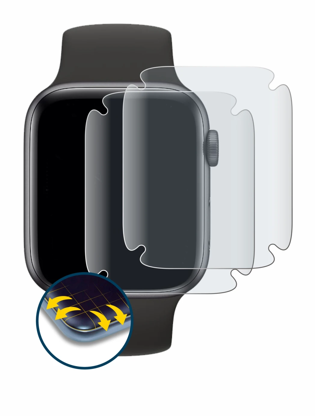 Image of the device Apple Watch SE (44 mm) with a wide variety of screen protectors.