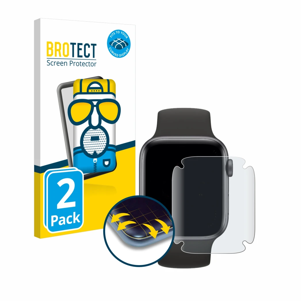 Front side of a product packaging with the brand logo BROTECT. Next to it is the device Apple Watch SE (40 mm) shown with the