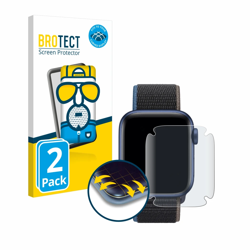 Front side of a product packaging with the brand logo BROTECT. Next to it is the device Apple Watch Series 6 (40 mm) shown wit