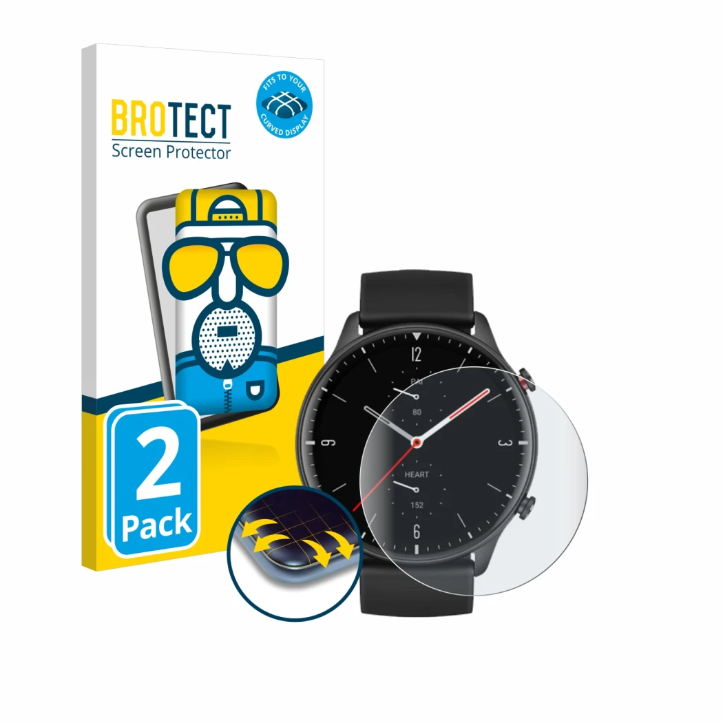 Front side of a product packaging with the brand logo BROTECT. Next to it is the device Huami Amazfit GTR 2 shown with the cor