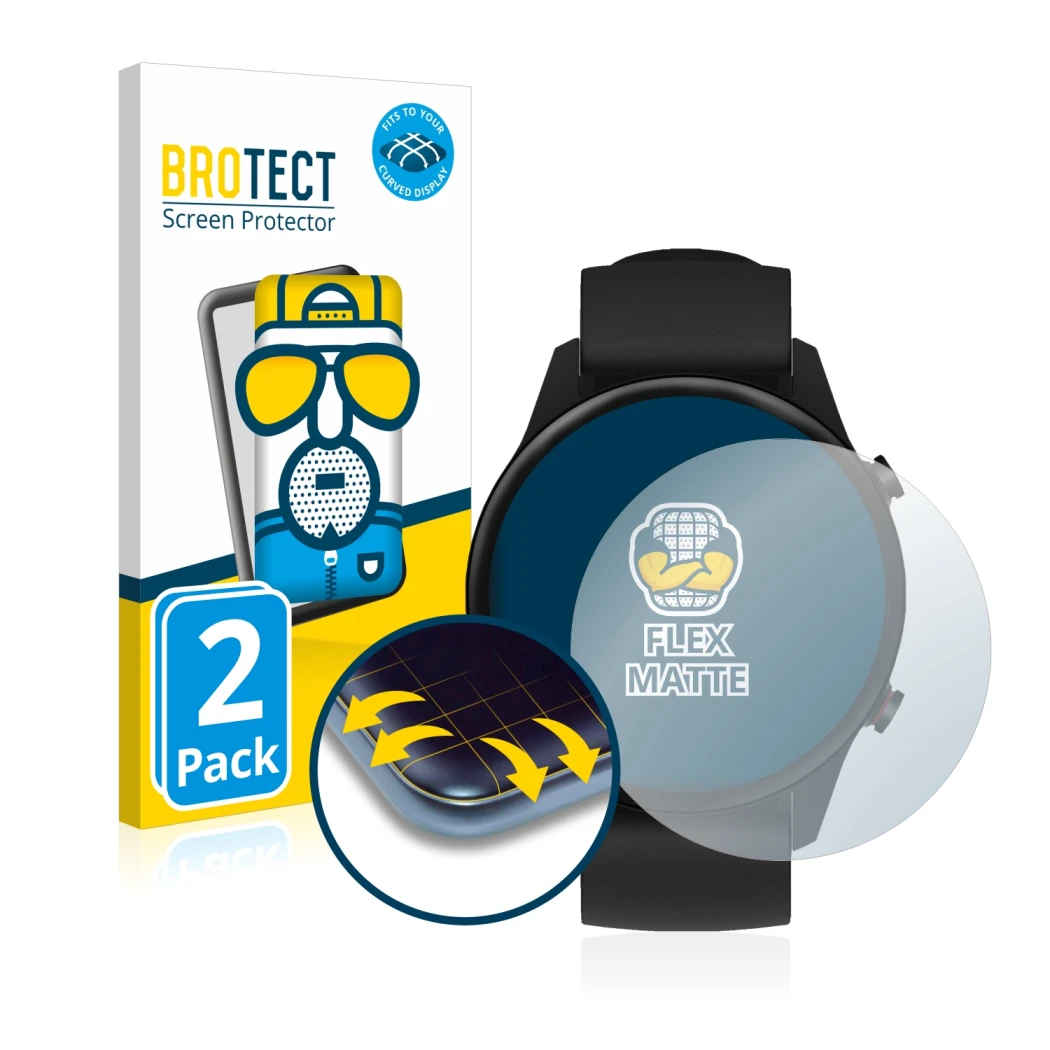 Front side of a product packaging with the brand logo BROTECT. Next to it is the device Xiaomi Mi Watch 2021 shown with the co