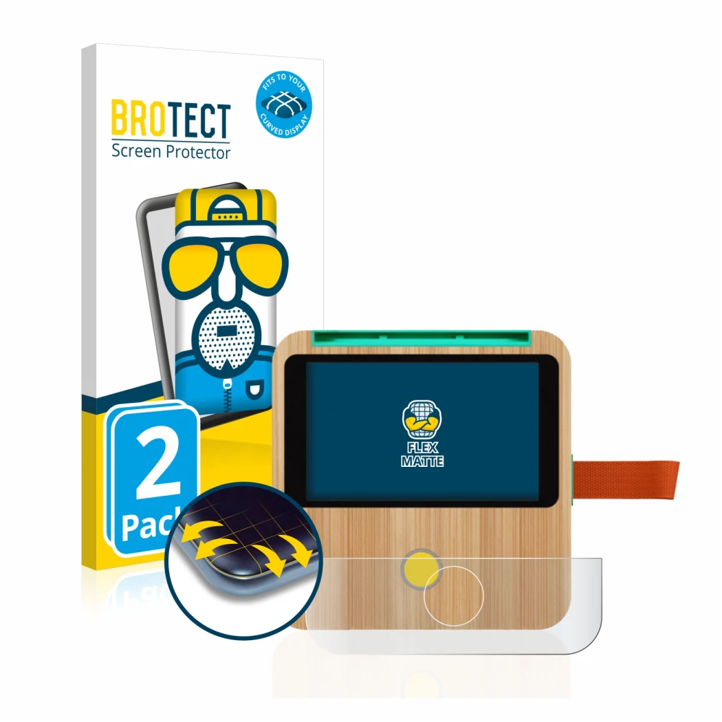 Front side of a product packaging with the brand logo BROTECT. Next to it is the device tigerbox Touch shown with the correspo