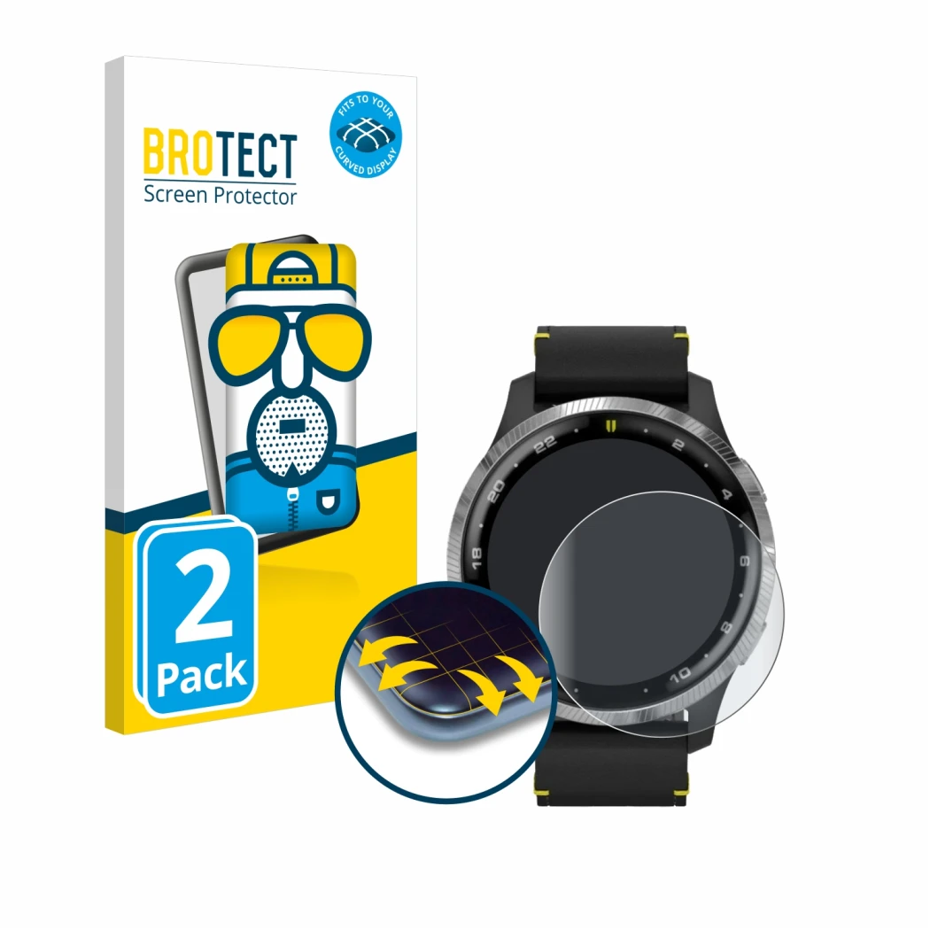 Front side of a product packaging with the brand logo BROTECT. Next to it is the device Garmin D2 Air shown with the correspon