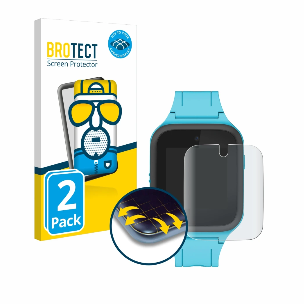 Front side of a product packaging with the brand logo BROTECT. Next to it is the device TCL Movetime FamilyWatch Kids MT40X sh