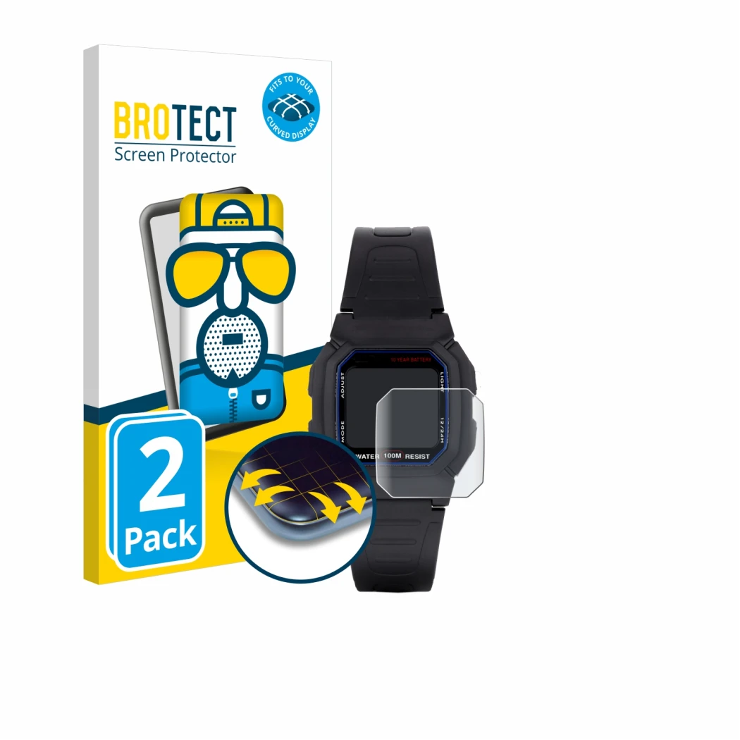 Front side of a product packaging with the brand logo BROTECT. Next to it is the device Casio W-800H-1AVES shown with the corr