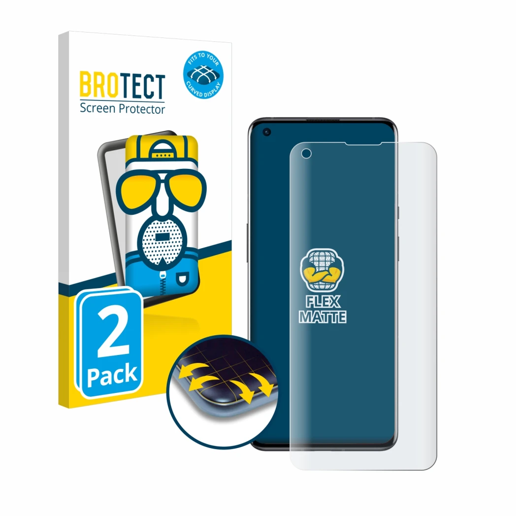 Front side of a product packaging with the brand logo BROTECT. Next to it is the device OnePlus 9 Pro shown with the correspon