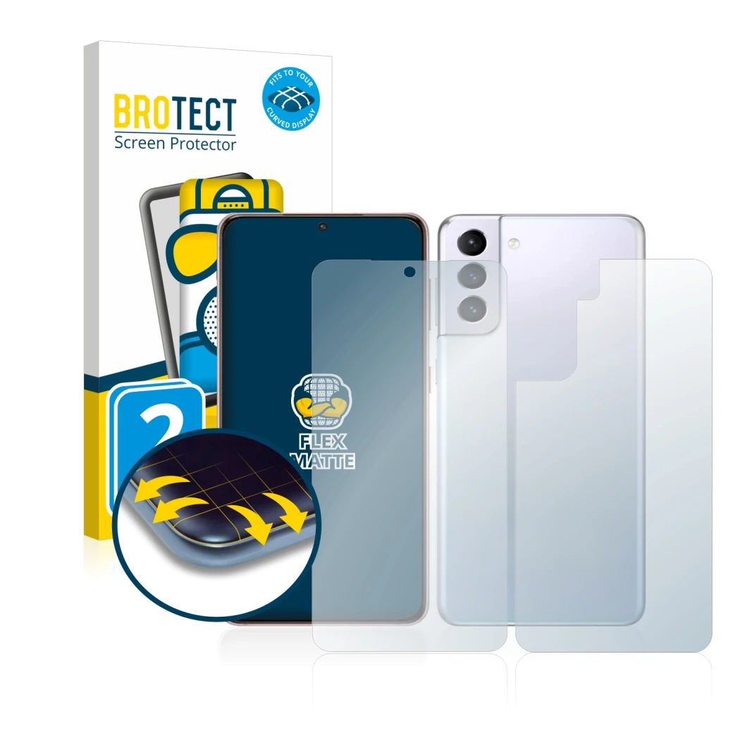 Front side of a product packaging with the brand logo BROTECT. Next to it is the device Samsung Galaxy S21 5G (Front+Back) sho