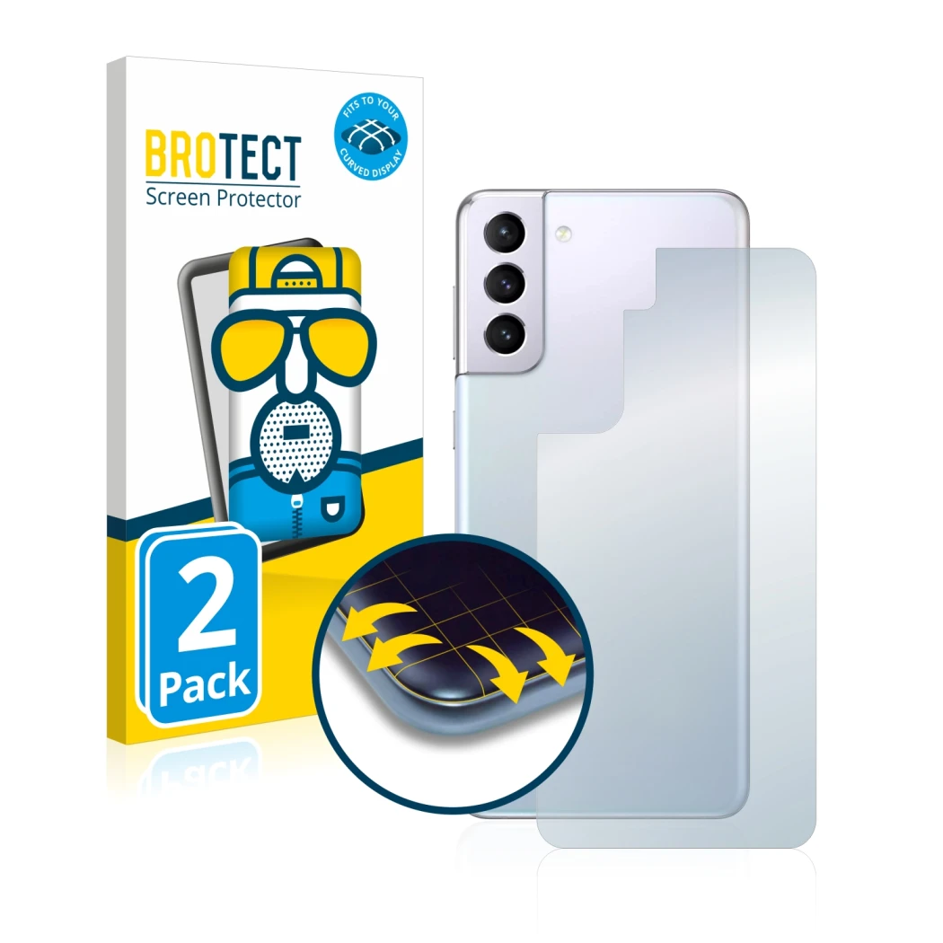 Front side of a product packaging with the brand logo BROTECT. Next to it is the device Samsung Galaxy S21 5G (Back) shown wit