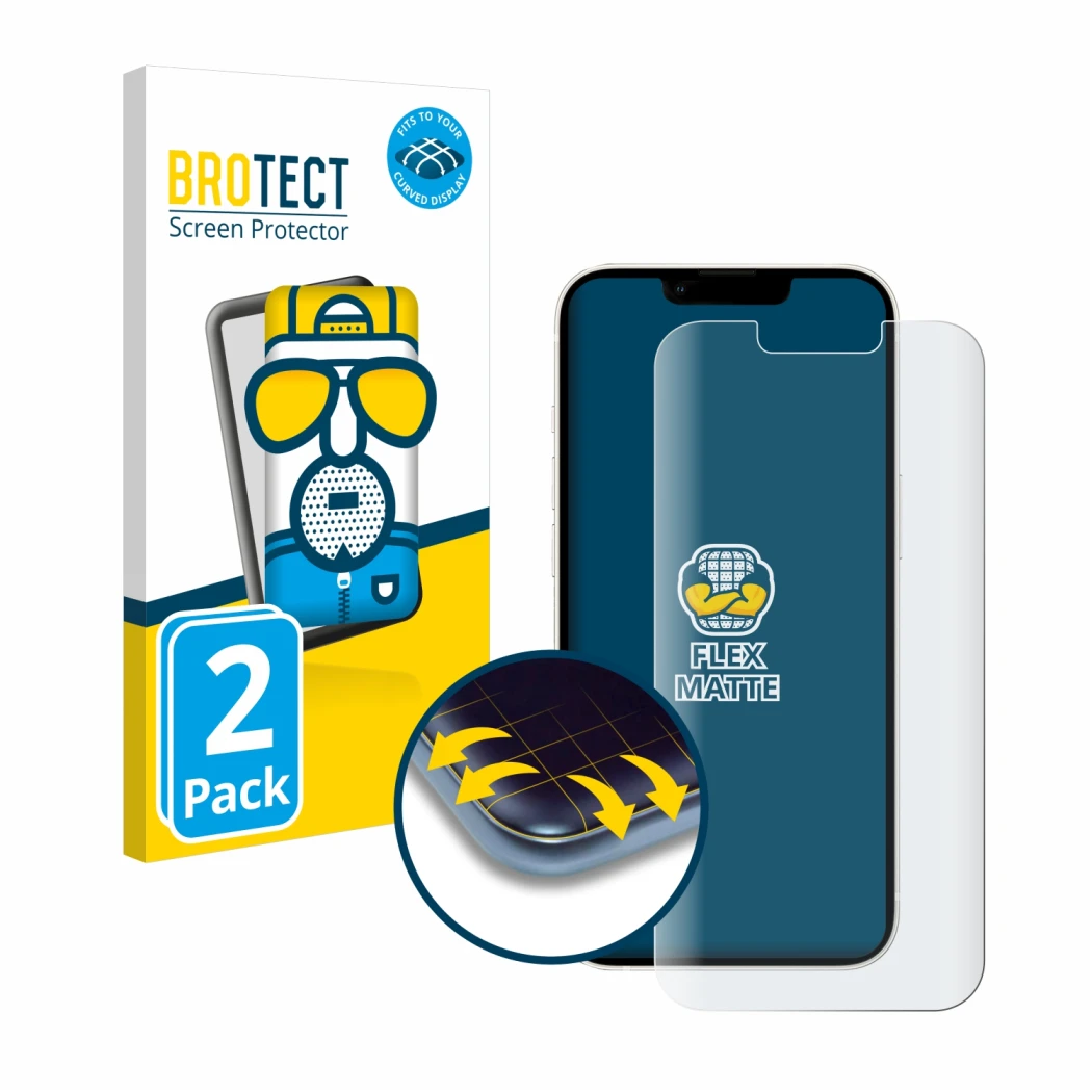 Front side of a product packaging with the brand logo BROTECT. Next to it is the device Apple iPhone 13 shown with the corresp