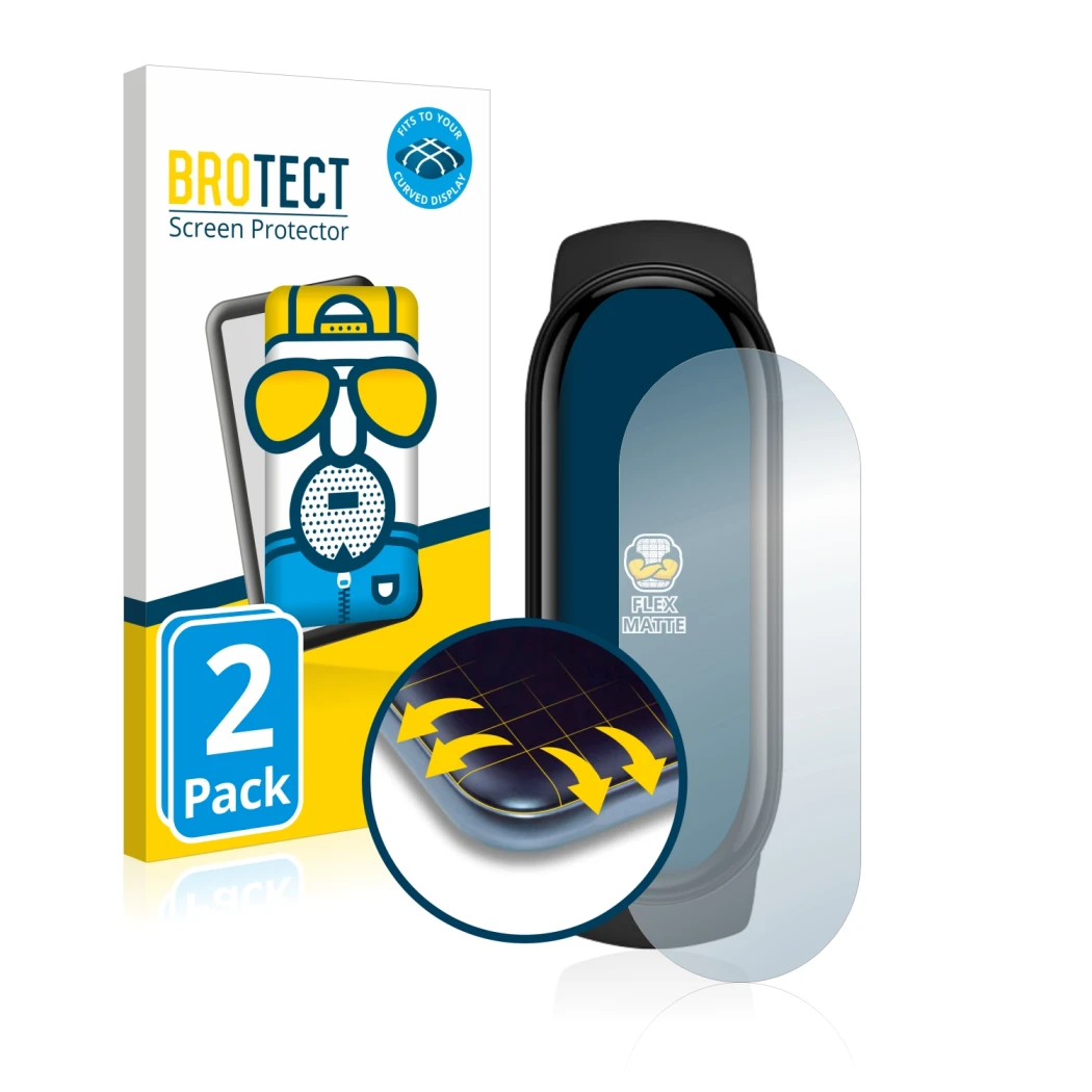 Front side of a product packaging with the brand logo BROTECT. Next to it is the device Xiaomi Mi Band 6 shown with the corres