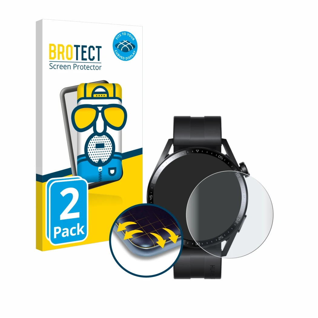 Front side of a product packaging with the brand logo BROTECT. Next to it is the device Huawei Watch GT 3 (46 mm) shown with t