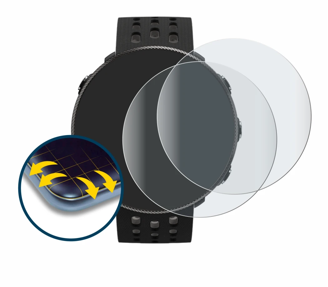 Image of the device Polar Vantage M2 with a wide variety of screen protectors.